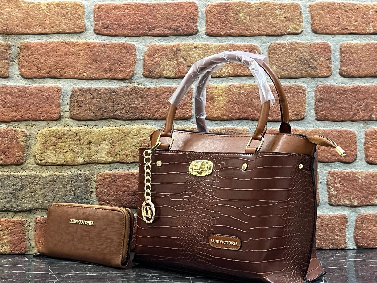 Luis Victoria Autumn Mahogany Croc-Embossed Tote Bag with Matching Wallet